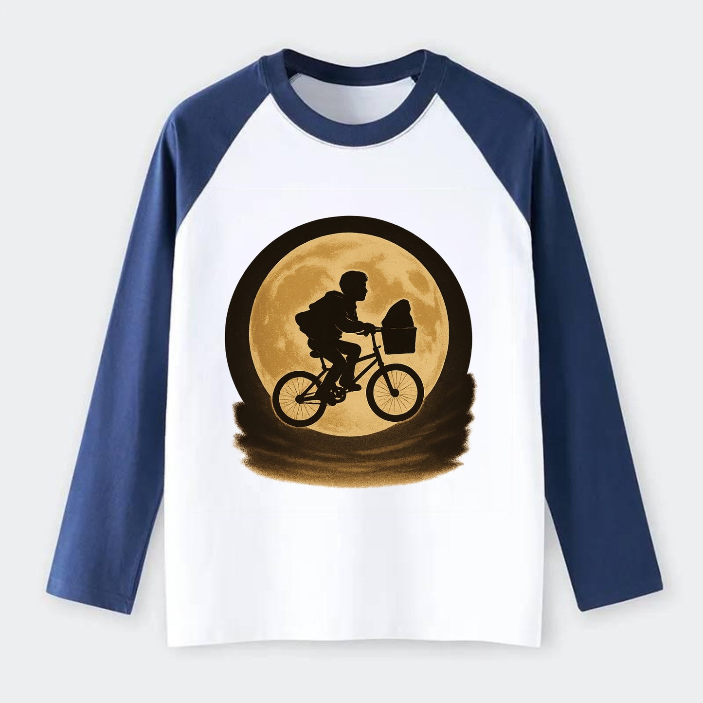 boy with bicycle flying across full moon with silhouette - Raglan Long Sleeve T-Shirt - Blue