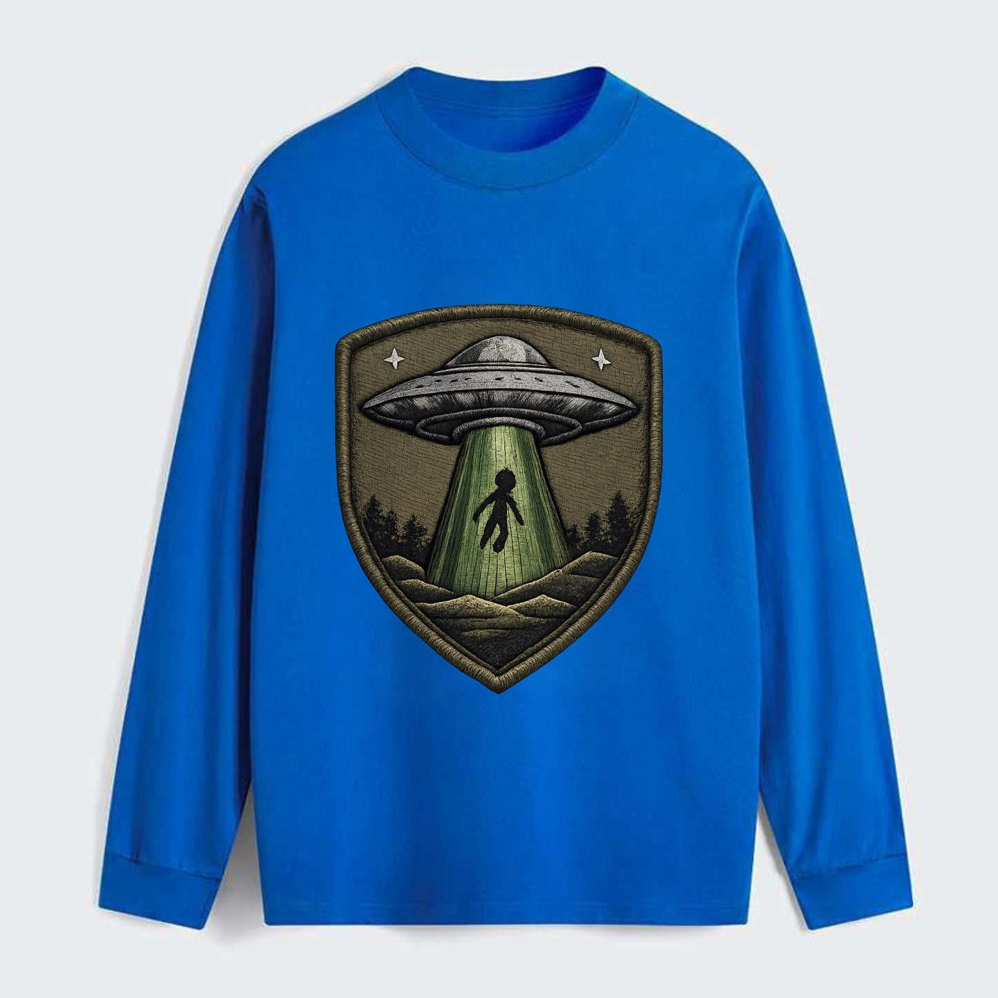 UFO ALIEN - flying saucer with beam in silver and green , - Classic Long Sleeve Shirt - Blue