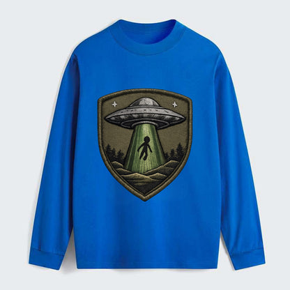 UFO ALIEN - flying saucer with beam in silver and green , - Classic Long Sleeve Shirt - Blue