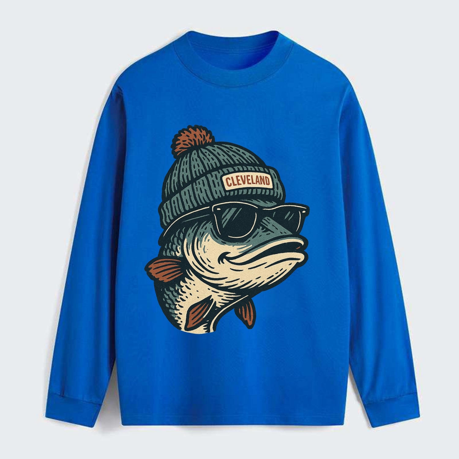 Cleveland Lake Erie Walleye wearing Cleveland beanie with pom pom and - Classic Long Sleeve Shirt - Blue