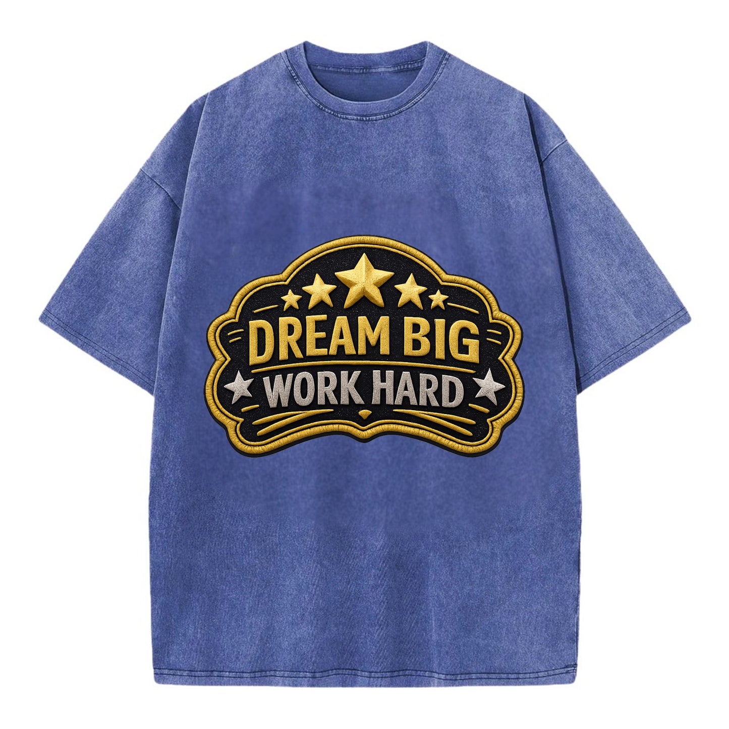 DREAM BIG WORK HARD - stars with text in gold , aspiration - Vintage T-shirt - Blue