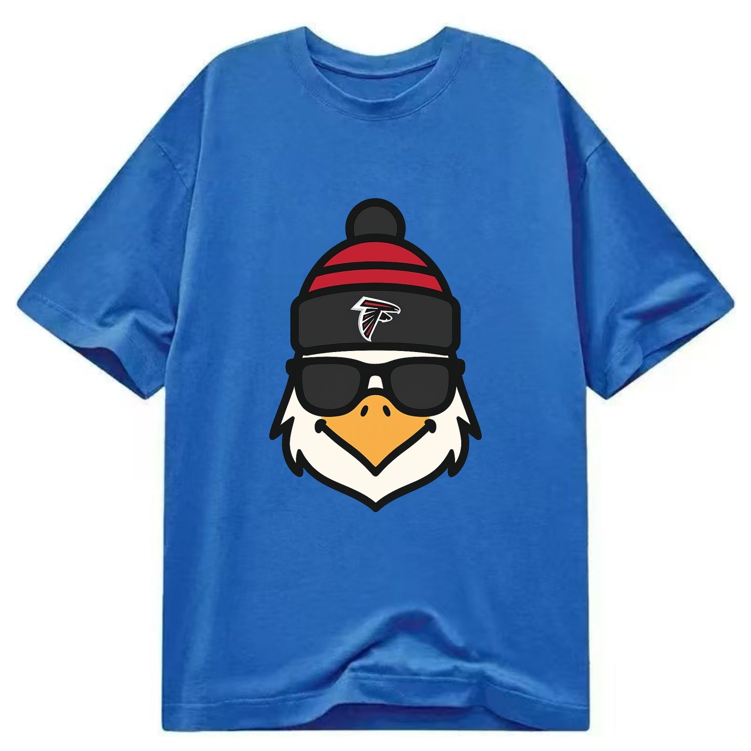 Atlanta Falcon wearing Falcons red and black beanie with pom pom and wayfarer - Classic T-shirt - Blue