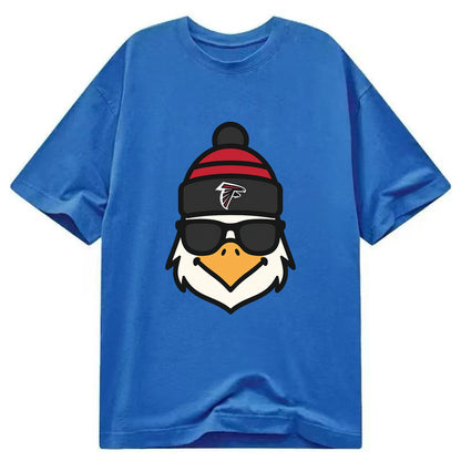 Atlanta Falcon wearing Falcons red and black beanie with pom pom and wayfarer - Classic T-shirt - Blue
