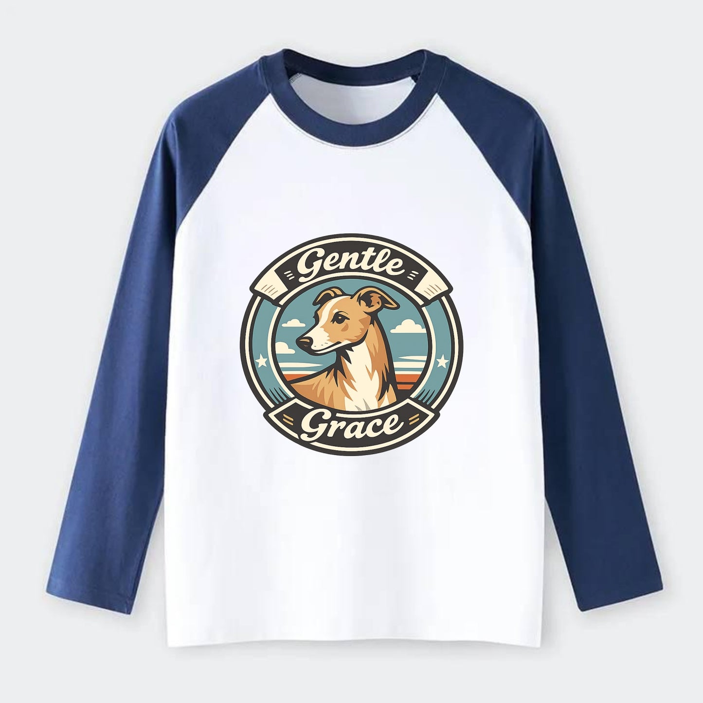 Gentle Grace of the Whippet - Raglan Long Sleeve T-Shirt - Blue