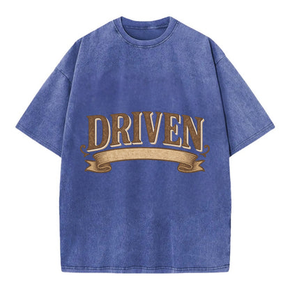 Bold typography design - "DRIVEN" - motivated, focused on goals - Vintage T-shirt - Blue