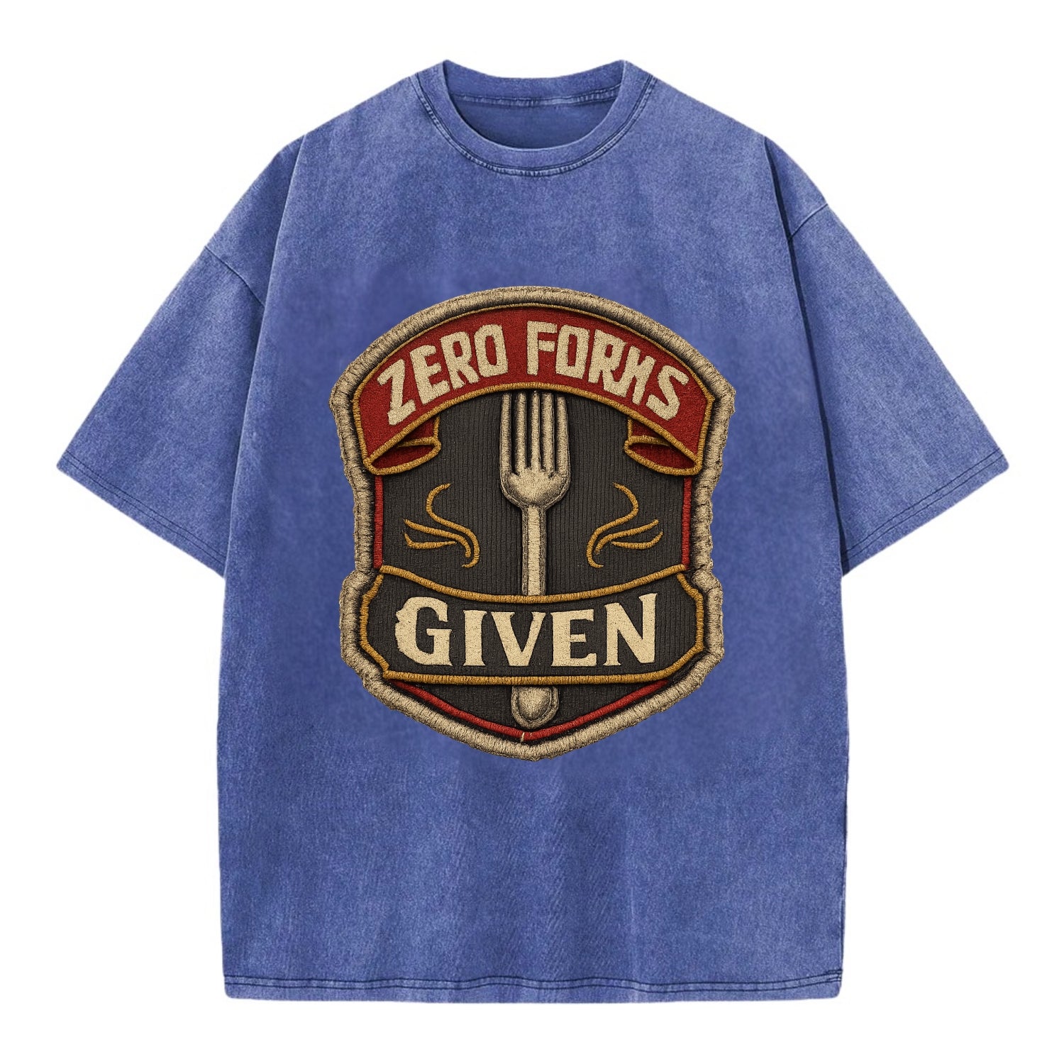 ZERO FORKS GIVEN - fork with text in silver , no cares attitude - Vintage T-shirt - Blue