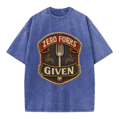 ZERO FORKS GIVEN - fork with text in silver , no cares attitude - Vintage T-shirt - Blue