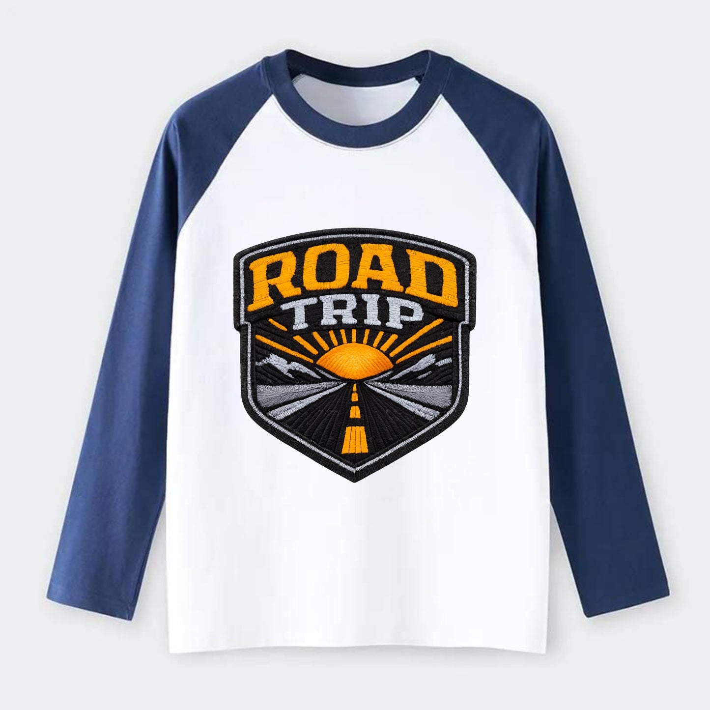 ROAD TRIP - highway and sun in orange and gray , open road - Raglan Long Sleeve T-Shirt - Blue