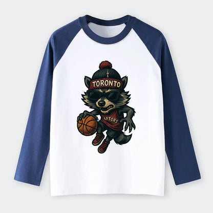 Toronto Raccoon wearing Raptors beanie with CN Tower patch and - Raglan Long Sleeve T-Shirt - Blue