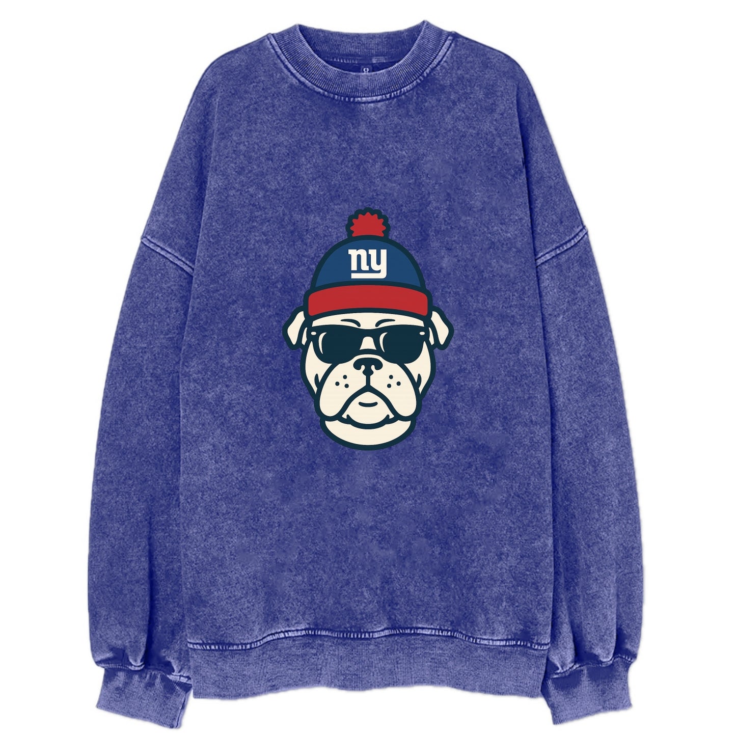 New York Bulldog wearing Giants blue and red beanie with pom pom and wayfarer - Vintage Sweatshirt - Blue