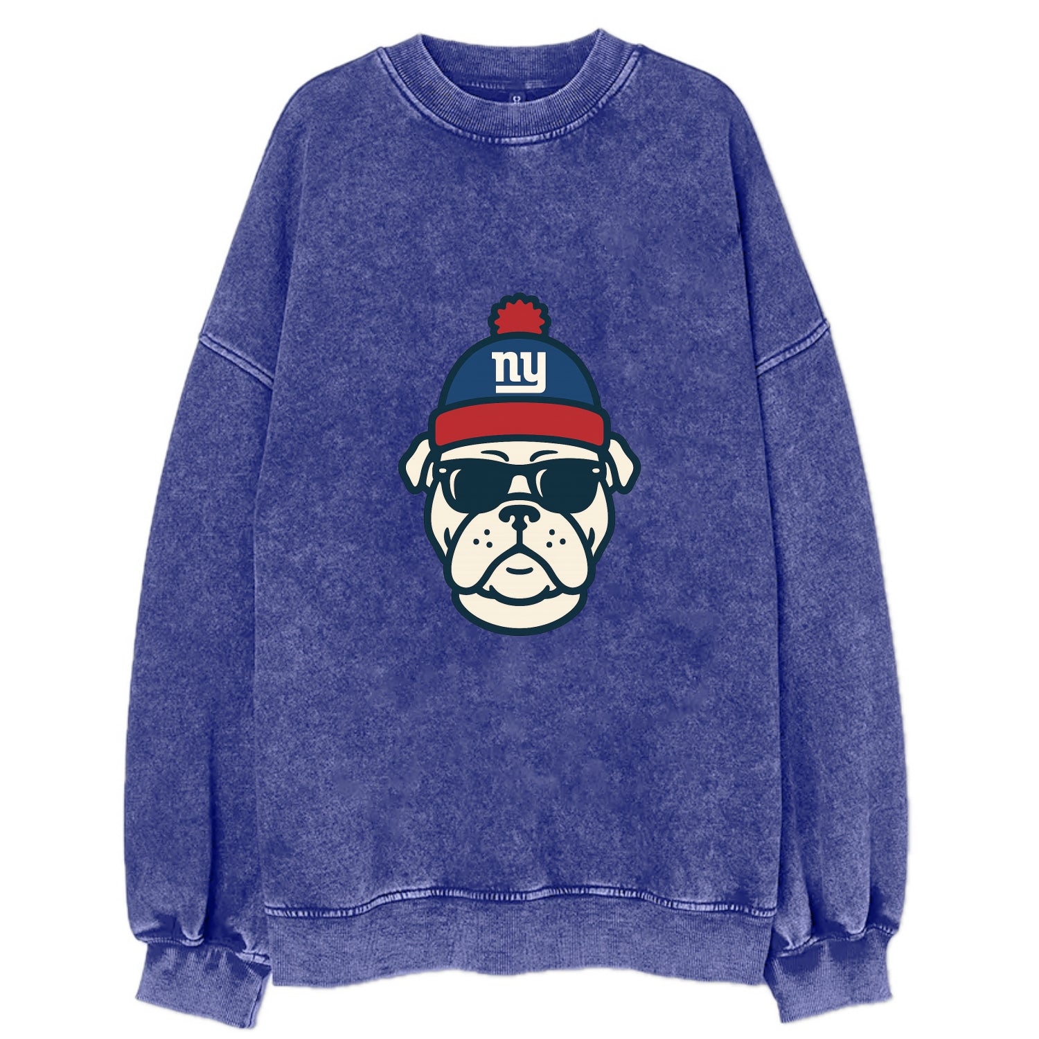 New York Bulldog wearing Giants blue and red beanie with pom pom and wayfarer - Vintage Sweatshirt - Blue