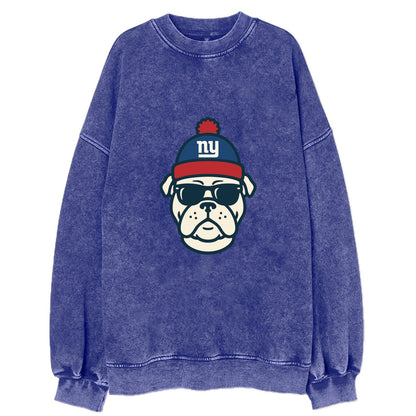 New York Bulldog wearing Giants blue and red beanie with pom pom and wayfarer - Vintage Sweatshirt - Blue