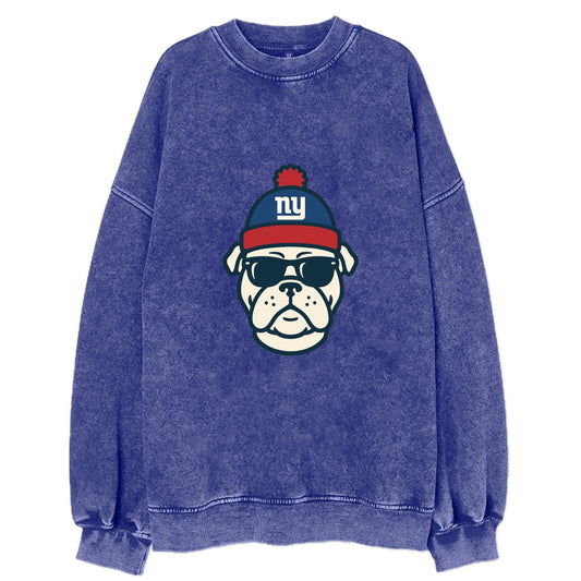 New York Bulldog wearing Giants blue and red beanie with pom pom and wayfarer - Vintage Sweatshirt - Blue
