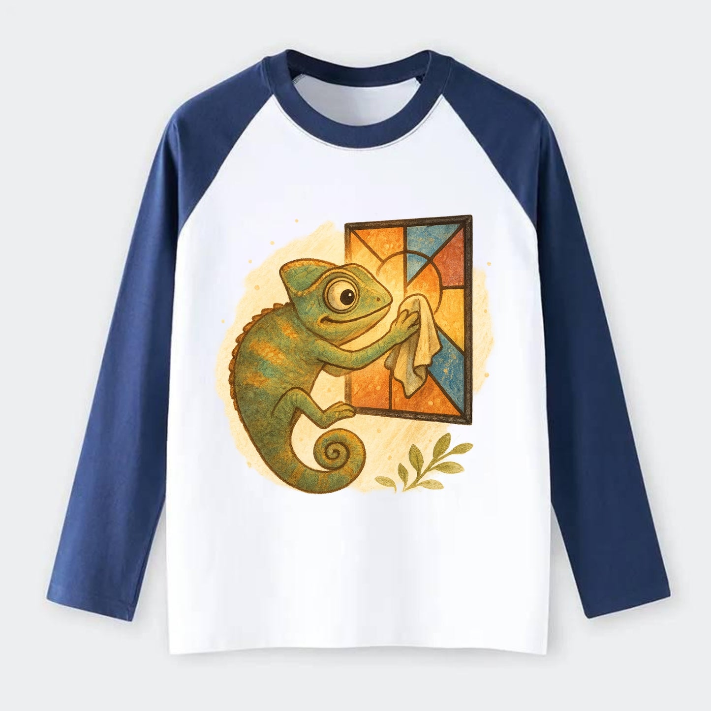 Chameleon blending into a stained-glass window it is polishing with - Raglan Long Sleeve T-Shirt - Blue