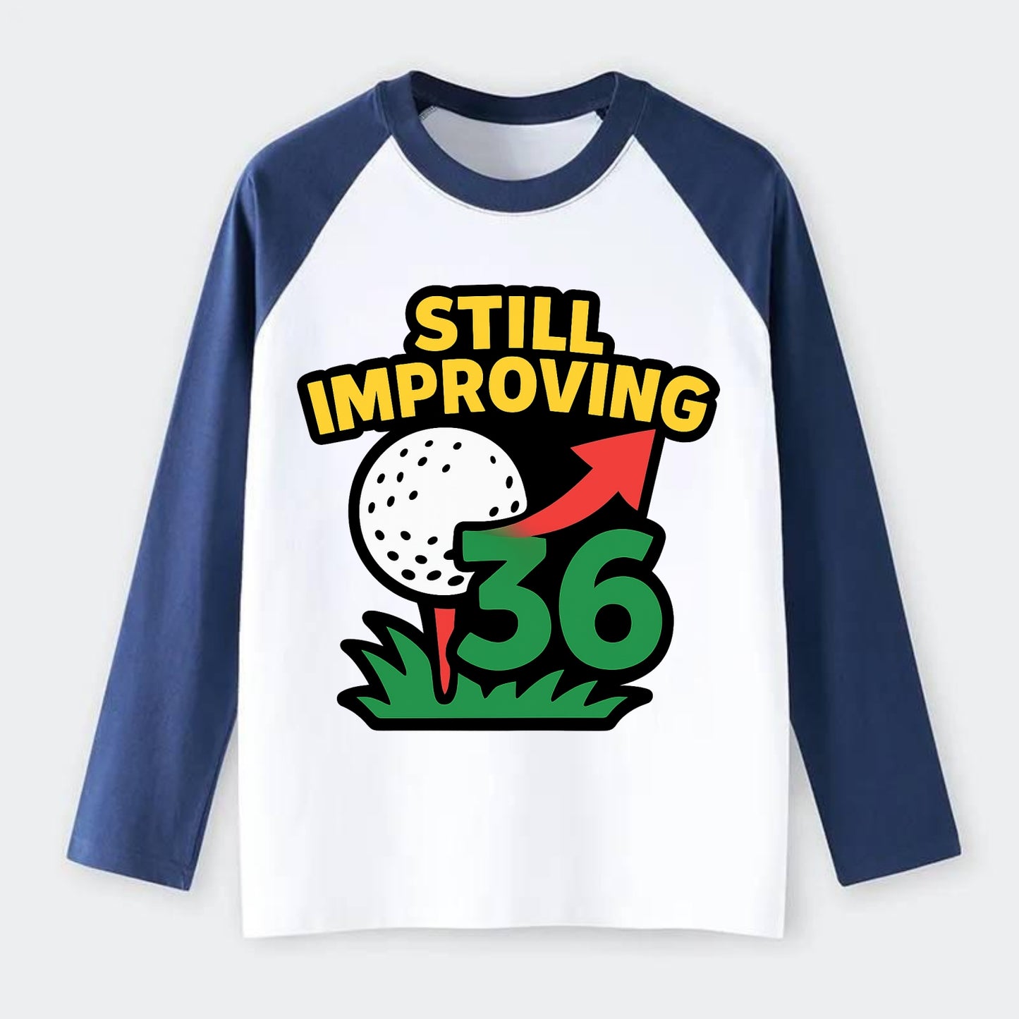 Handicap number getting higher with arrow - "Still Improving" - - Raglan Long Sleeve T-Shirt - Blue