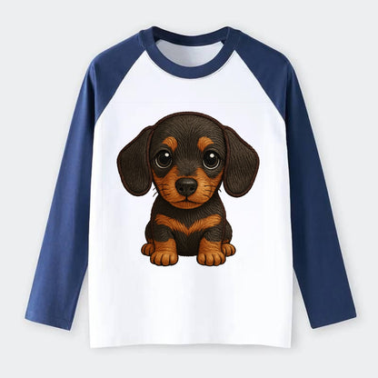 Baby Dachshund Puppy - long body, short legs, floppy ears, curious - Raglan Long Sleeve T-Shirt - Blue