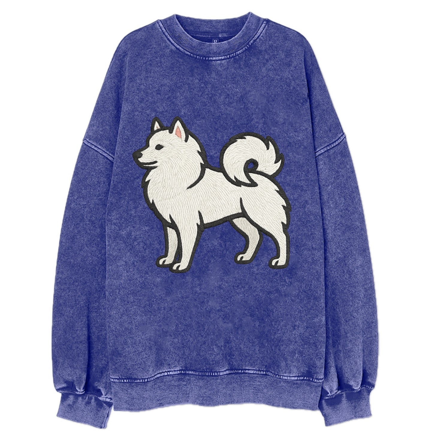 American Eskimo Dog - White spitz embroidered standing design - Vintage Sweatshirt - Blue