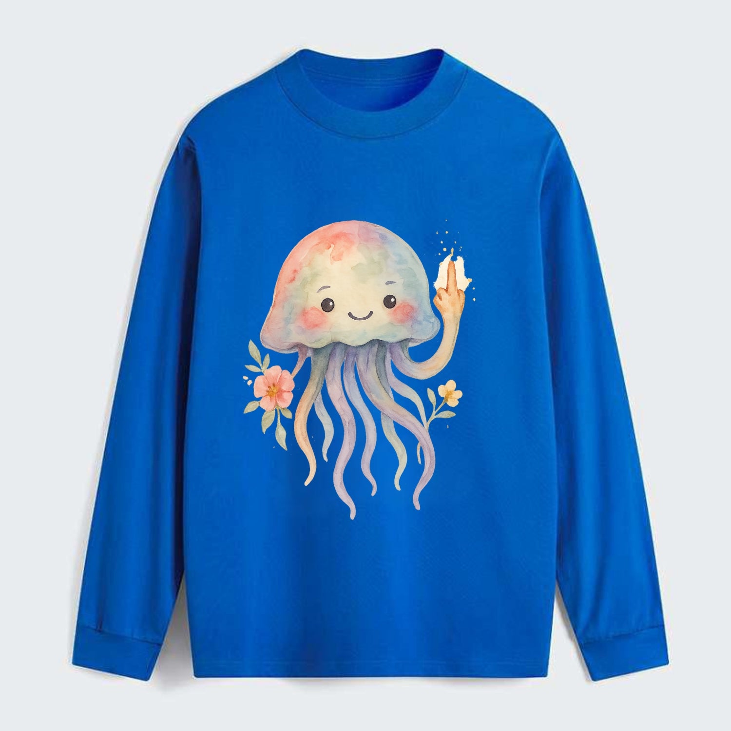 jellyfish with kawaii face and tentacles, one tentacle pointing up - Classic Long Sleeve Shirt - Blue