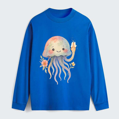 jellyfish with kawaii face and tentacles, one tentacle pointing up - Classic Long Sleeve Shirt - Blue