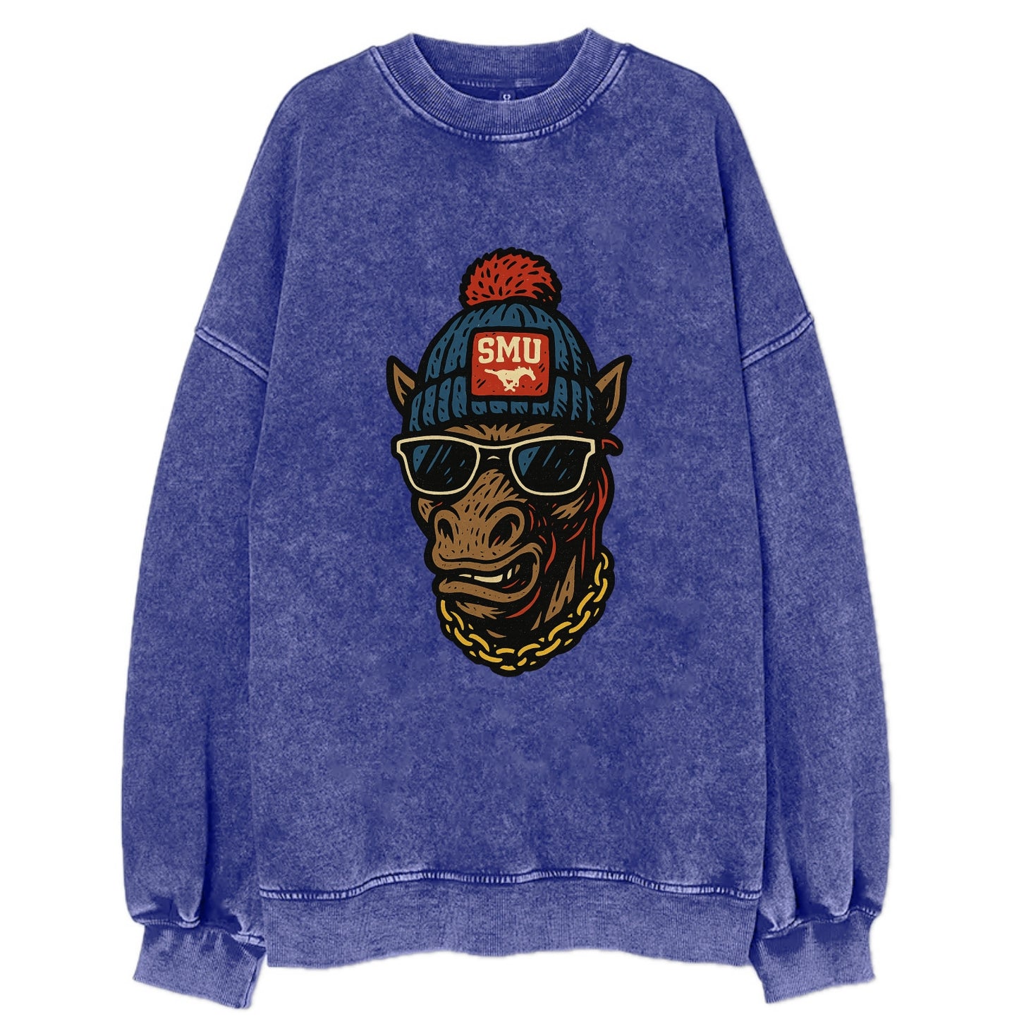 Dallas Mustang wearing SMU beanie with pony patch - Vintage Sweatshirt - Blue