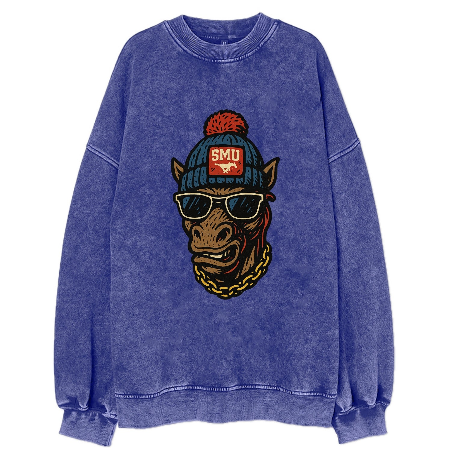 Dallas Mustang wearing SMU beanie with pony patch - Vintage Sweatshirt - Blue