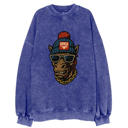 Dallas Mustang wearing SMU beanie with pony patch - Vintage Sweatshirt - Blue