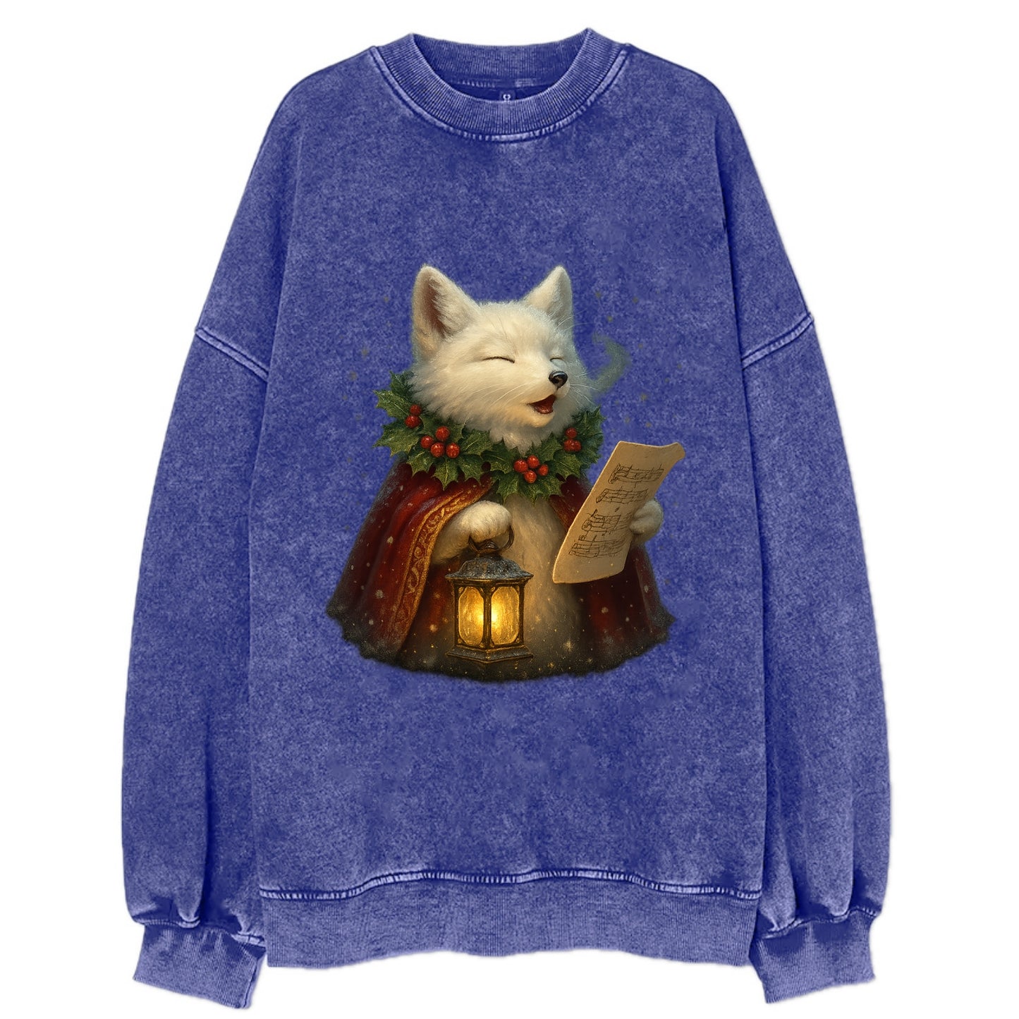 Snowbound Arctic Fox Caroler  - Vintage Sweatshirt - Blue