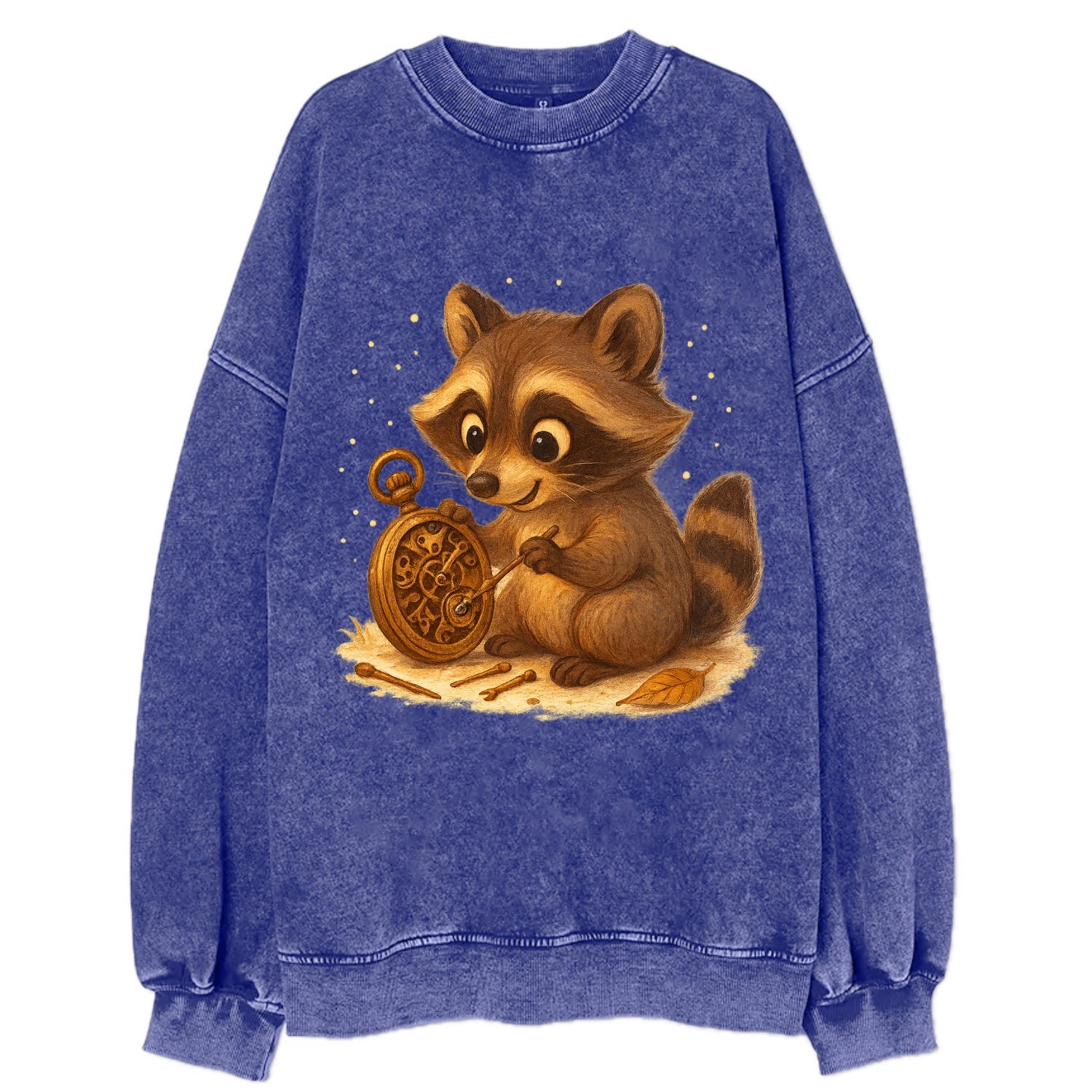 Raccoon tinkering with a steampunk pocket watch using tiny brass tools - Vintage Sweatshirt - Blue