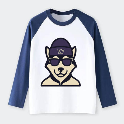 Seattle Husky wearing Washington beanie with W patch - Raglan Long Sleeve T-Shirt - Blue