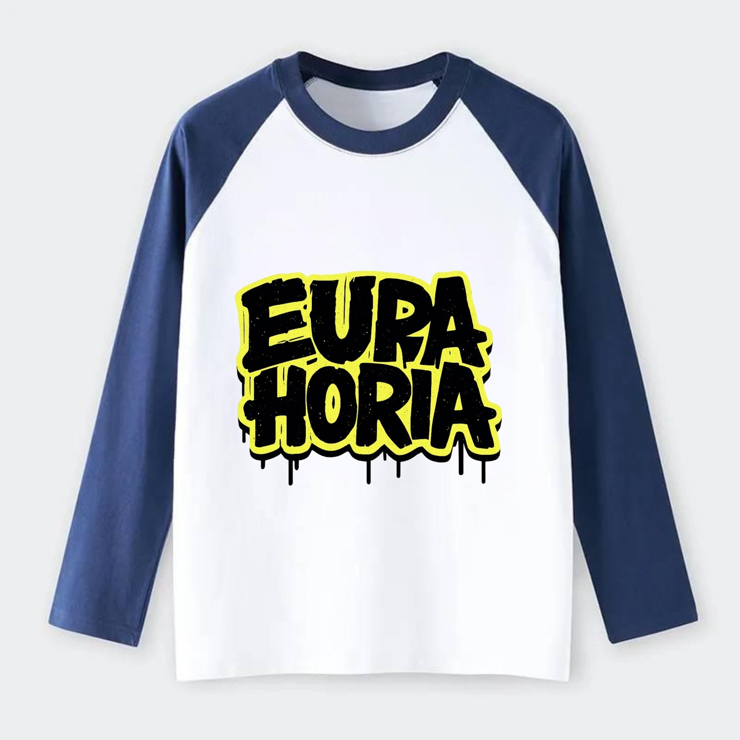 Bold typography design - "EUPHORIA" - intense happiness, ecstasy - Raglan Long Sleeve T-Shirt - Blue