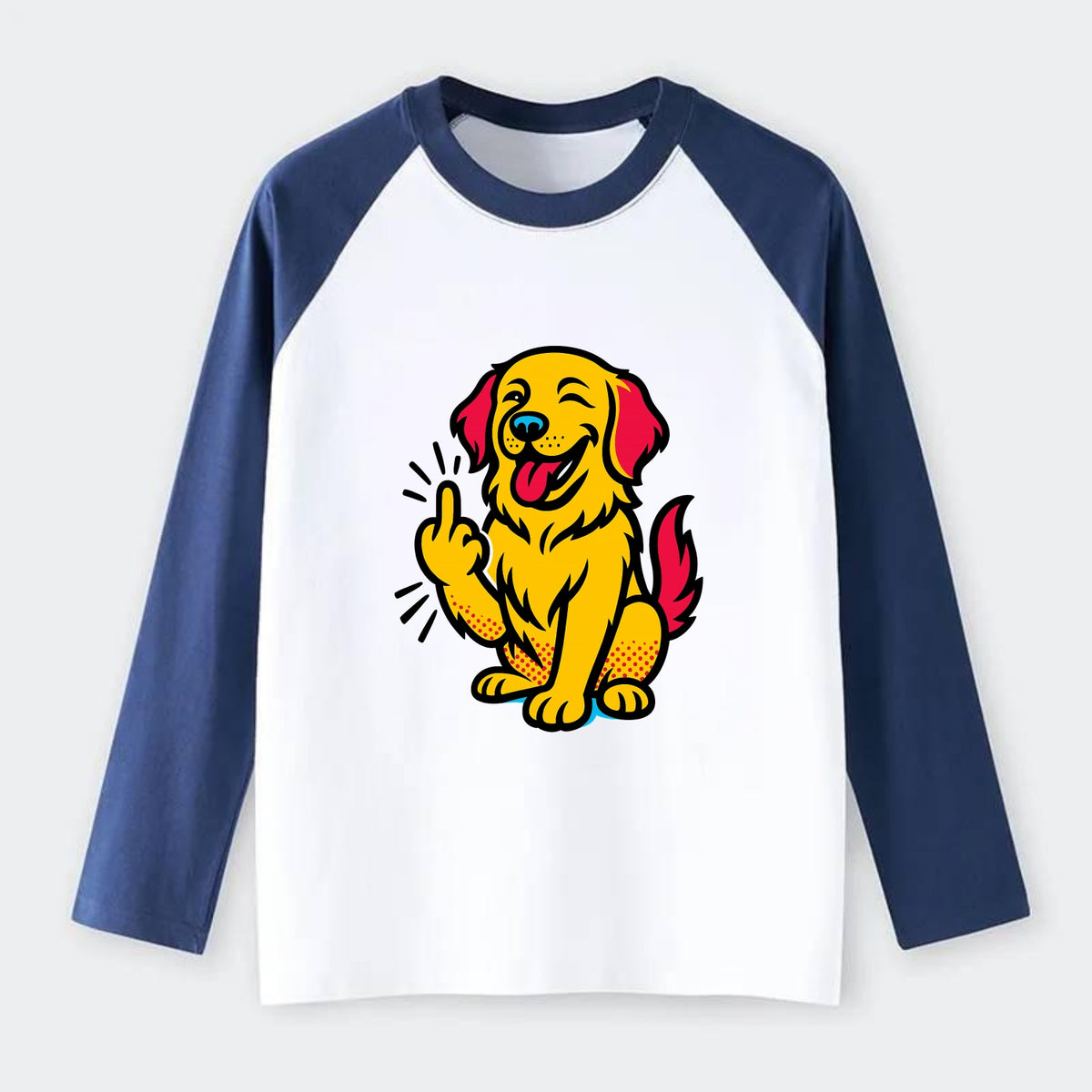 Golden Retriever with happy smile and golden coat, fluffy paw raised - Raglan Long Sleeve T-Shirt - Blue