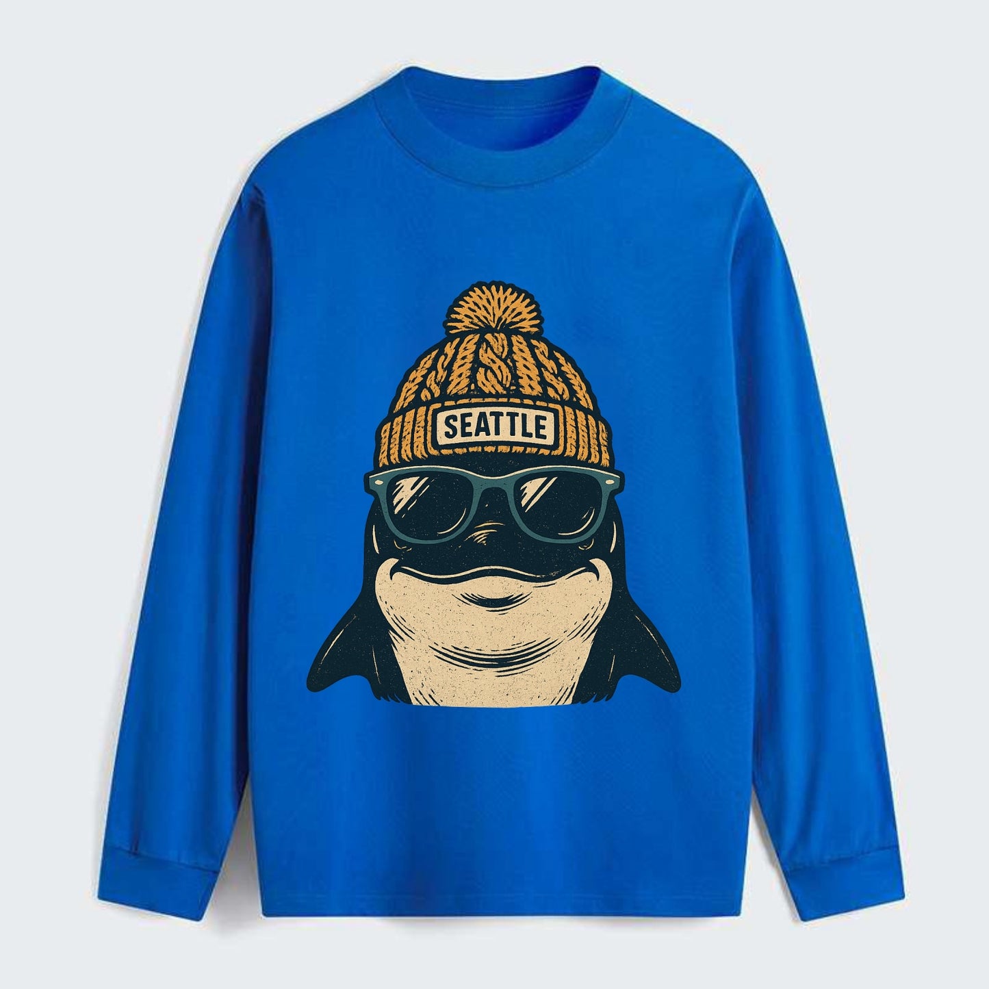 Seattle Orca wearing Seattle beanie with pom pom and wayfarer sunglasses - Classic Long Sleeve Shirt - Blue