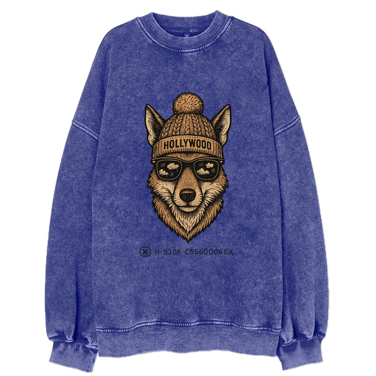 LA Coyote wearing Hollywood beanie with pom pom and wayfarer sunglasses - Vintage Sweatshirt - Blue