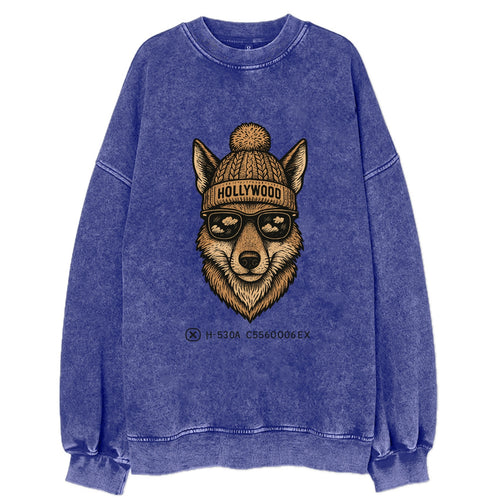 LA Coyote wearing Hollywood beanie with pom pom and wayfarer sunglasses - Vintage Sweatshirt