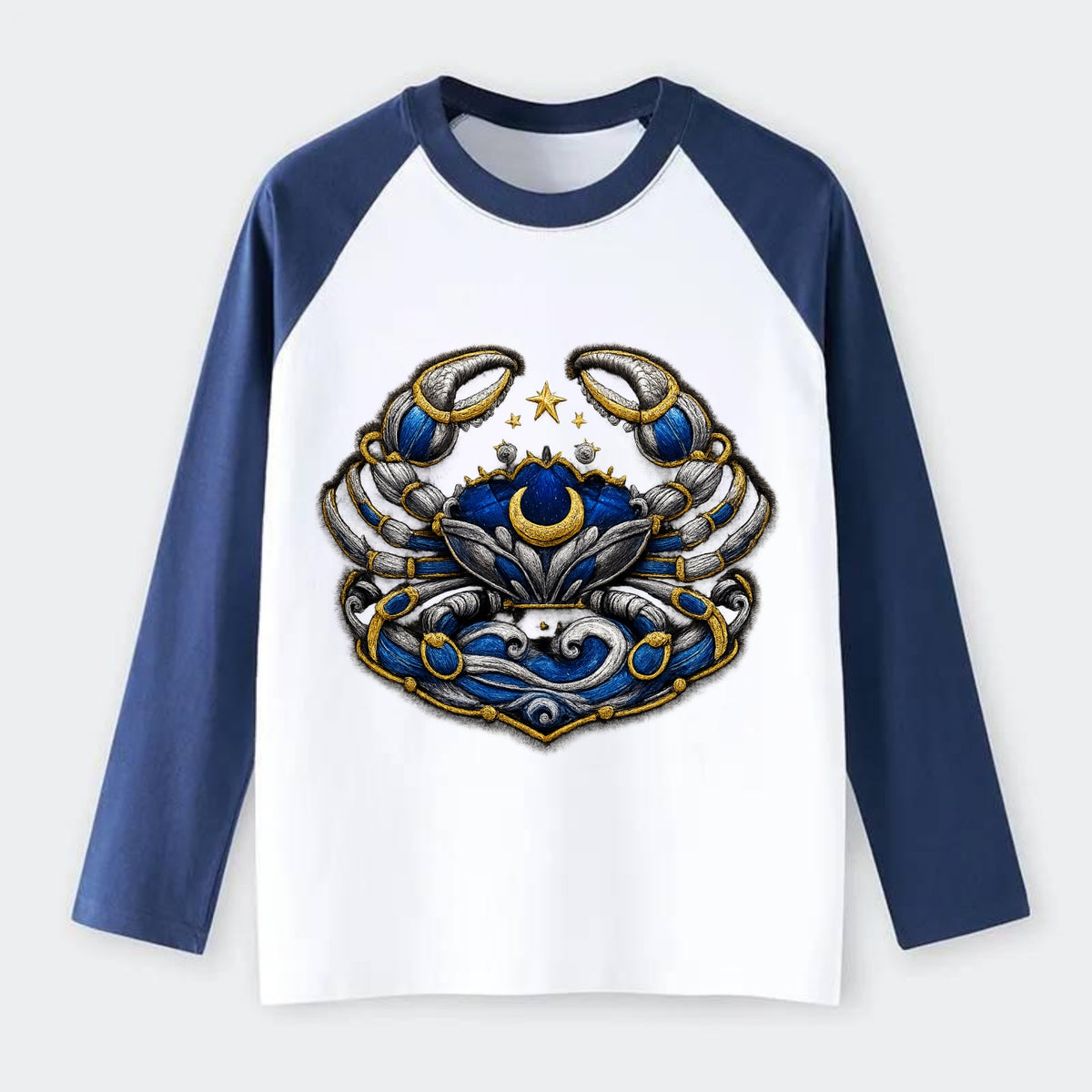 CANCER CRAB - protective crab in silver and blue , water sign - Raglan Long Sleeve T-Shirt - Blue