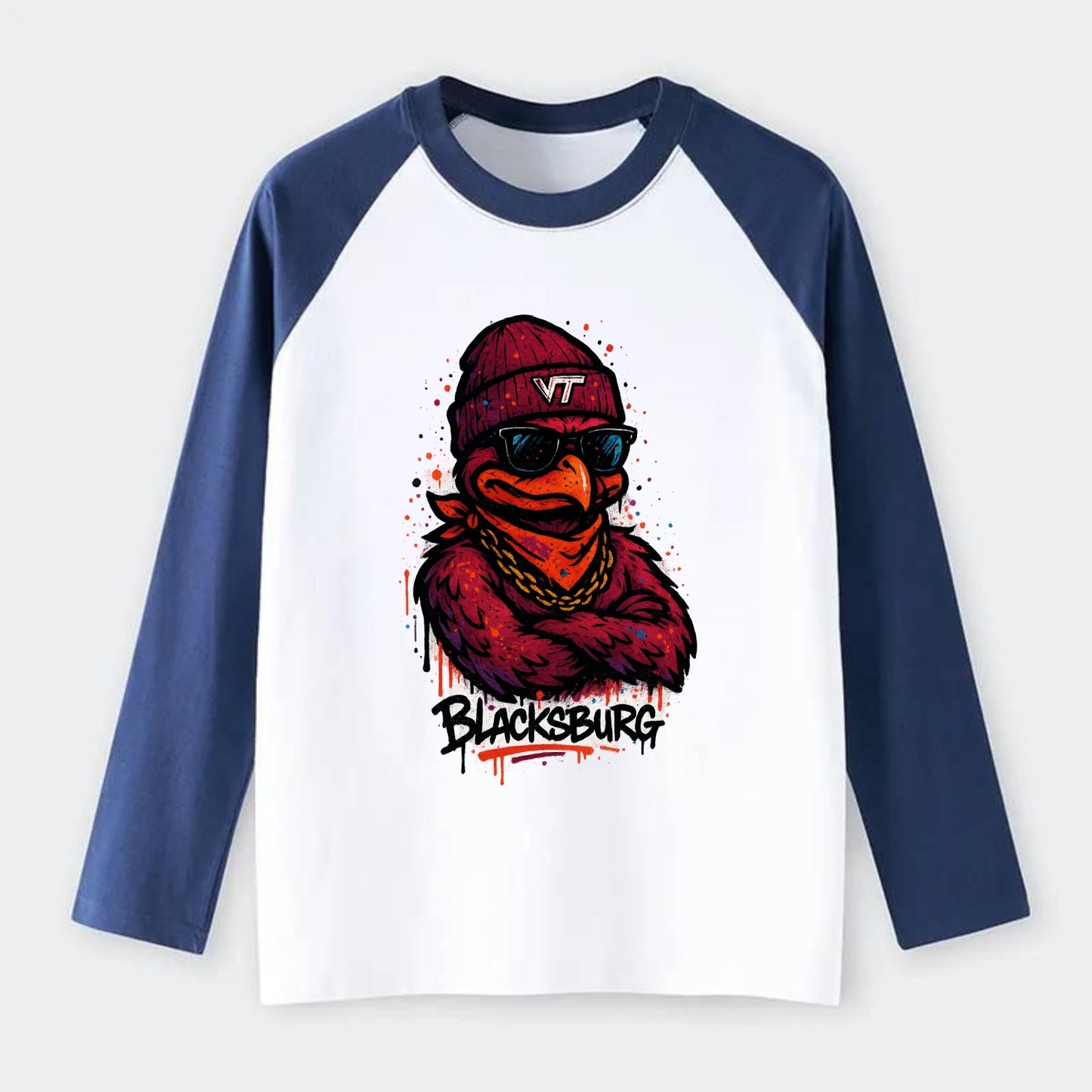 Blacksburg HokieBird wearing Virginia Tech beanie with VT patch - Raglan Long Sleeve T-Shirt - Blue