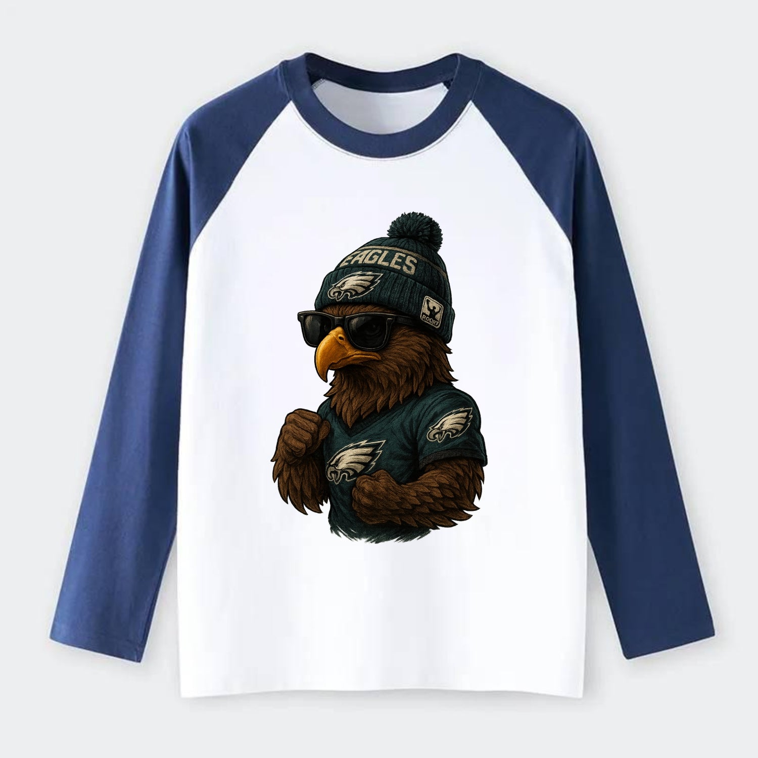 Philly Hawk wearing Eagles beanie with Rocky patch and wayfarer - Raglan Long Sleeve T-Shirt - Blue