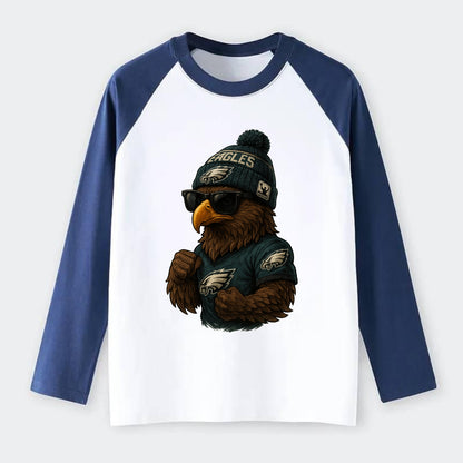 Philly Hawk wearing Eagles beanie with Rocky patch and wayfarer - Raglan Long Sleeve T-Shirt - Blue