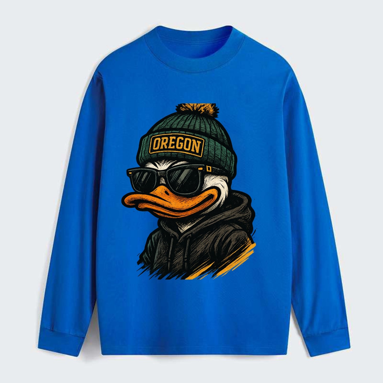 Eugene Duck wearing Oregon beanie with O patch - Classic Long Sleeve Shirt - Blue