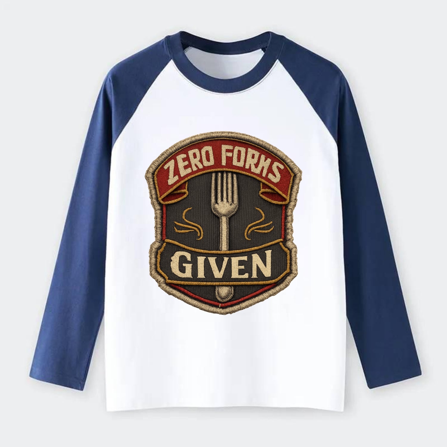 ZERO FORKS GIVEN - fork with text in silver , no cares attitude - Raglan Long Sleeve T-Shirt - Blue