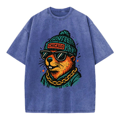 Illinois Prairie Dog wearing Chicago beanie with pom pom and wayfarer sunglasses - Vintage T-shirt - Blue