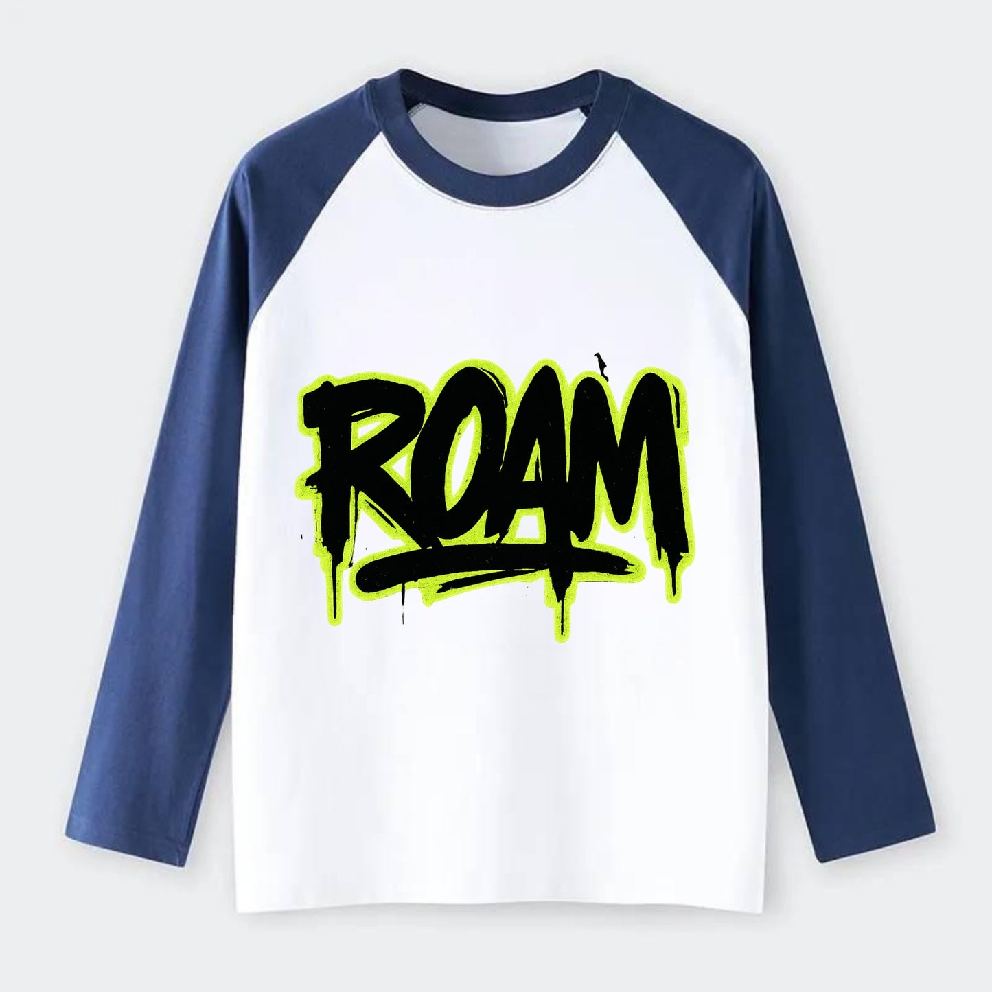 Bold typography design - "ROAM" - wander freely, no destination needed - Raglan Long Sleeve T-Shirt - Blue
