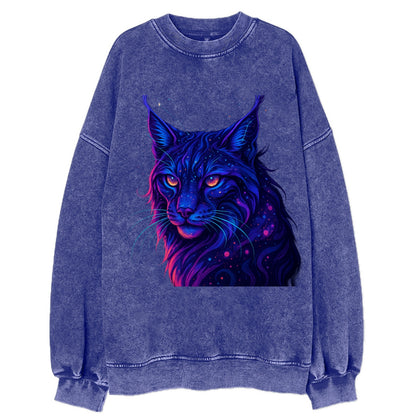 Stealthy lynx with ear tufts forming constellation patterns, nebula spots - Vintage Sweatshirt - Blue