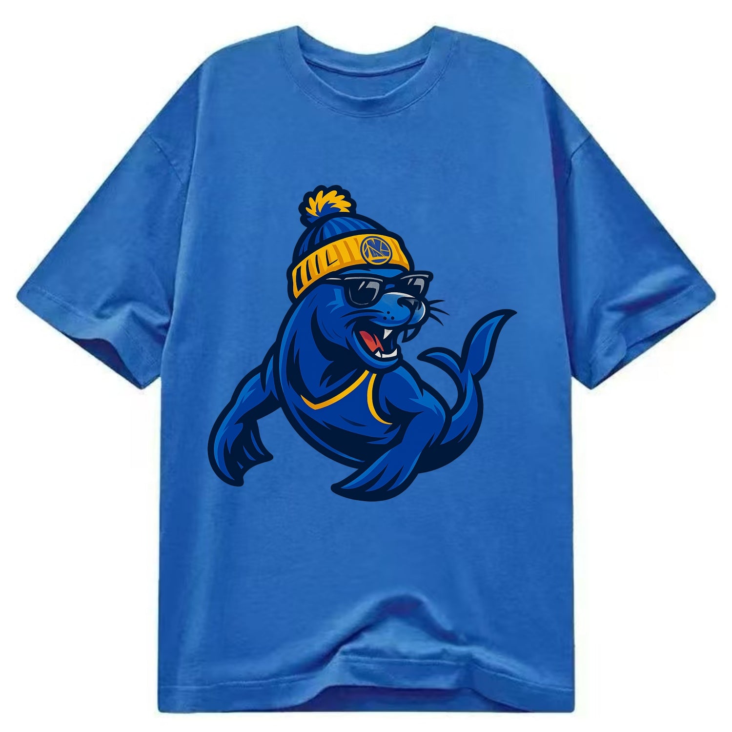 Bay Area Sea Lion wearing Warriors blue and gold beanie with Golden Gate and - Classic T-shirt - Blue
