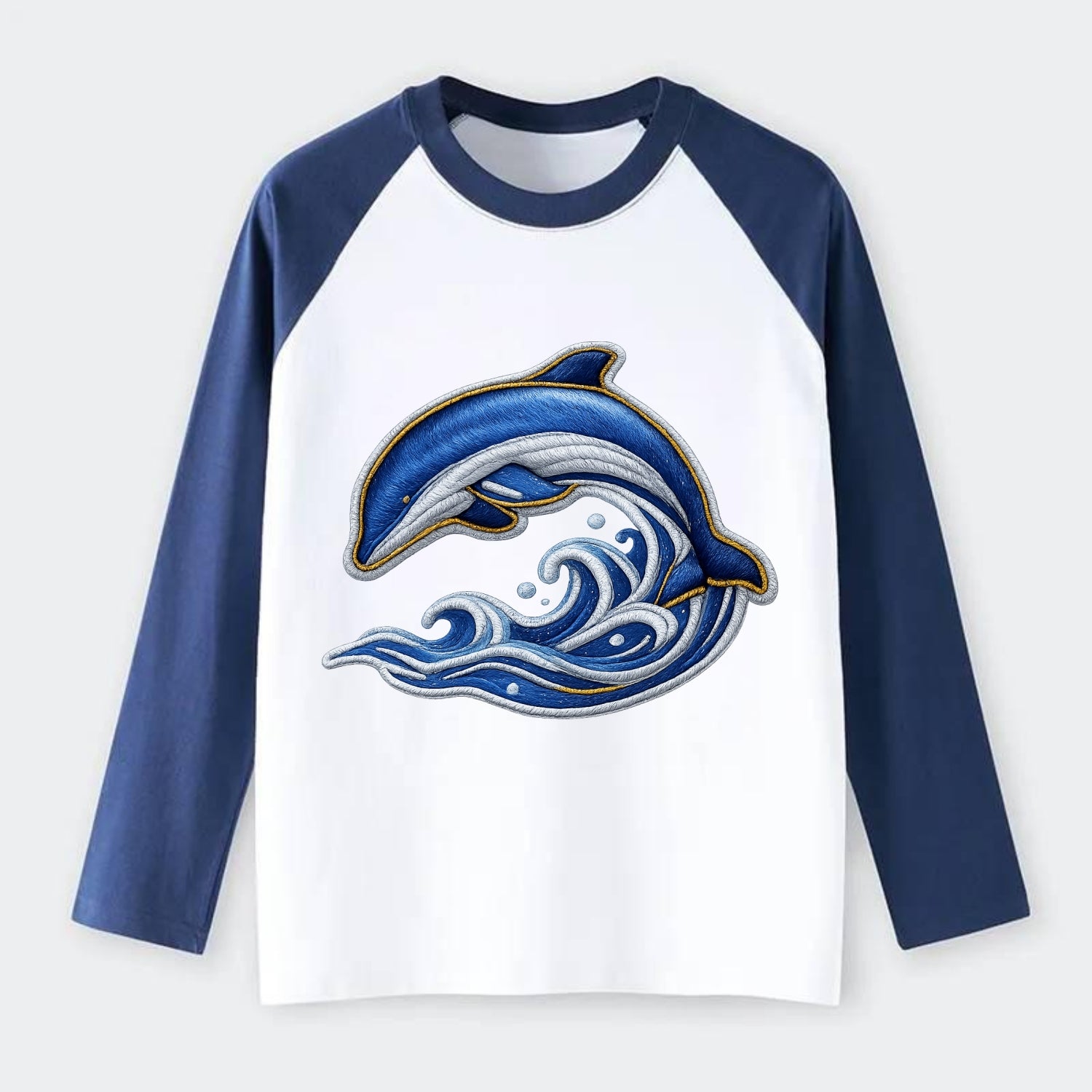 Embroidered patch design - SWIMMING DOLPHIN - diving dolphin with - Raglan Long Sleeve T-Shirt - Blue