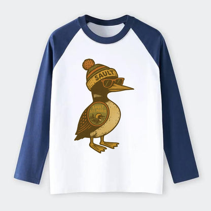 Sault Ste Marie Loon wearing Sault beani - Raglan Long Sleeve T-Shirt - Blue