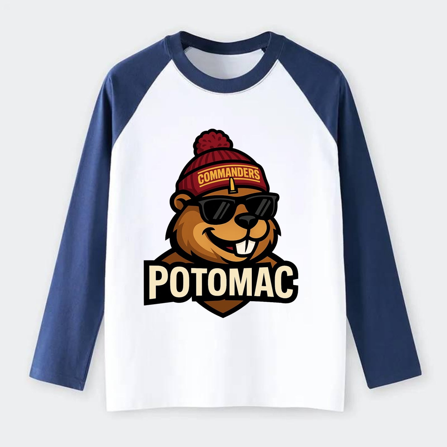 Potomac Beaver wearing Commanders beanie with monument patch and - Raglan Long Sleeve T-Shirt - Blue
