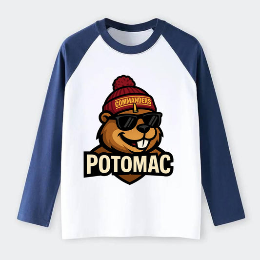 Potomac Beaver wearing Commanders beanie with monument patch and - Raglan Long Sleeve T-Shirt - Blue