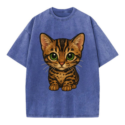 Baby Bengal Kitten - spotted/marbled wild coat, green eyes, athletic build, - Vintage T-shirt - Blue