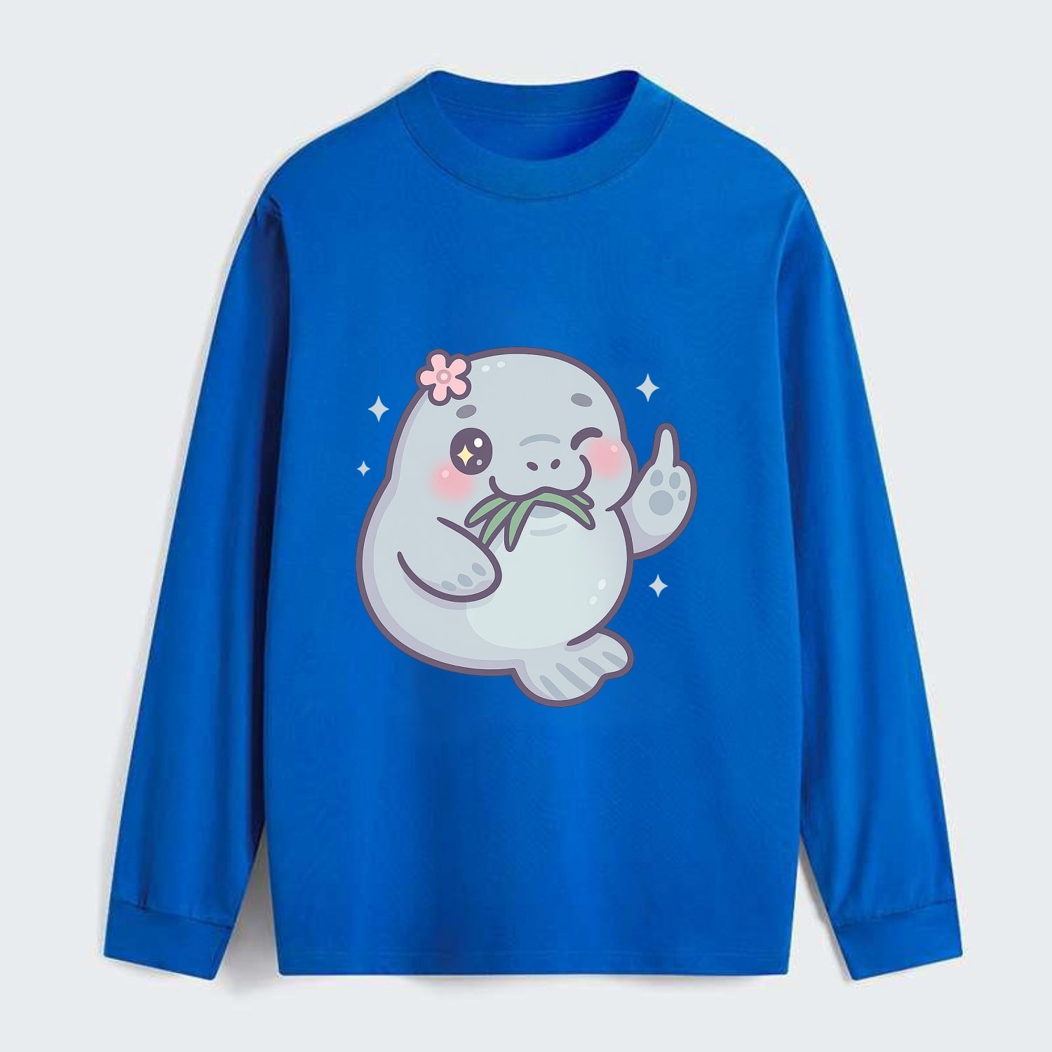 chubby manatee munching on seagrass, one flipper raised with sass - Classic Long Sleeve Shirt - Blue